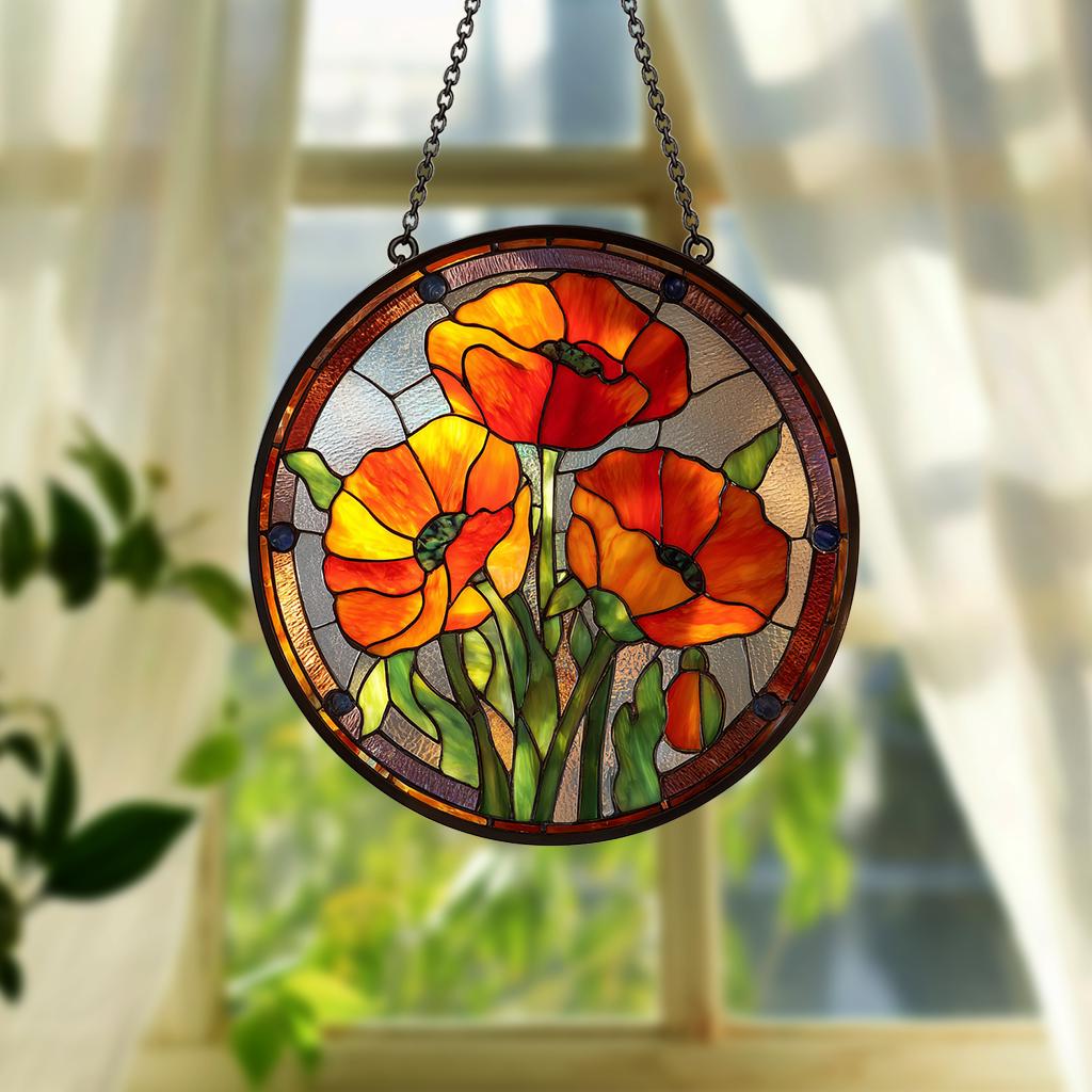 Poppy Flowers Suncatcher, Stained Glass Plant Home Decor, Unique Botanical Art Window Hanging, Artistic Poppy, Memory Day, Nana's Blessings
