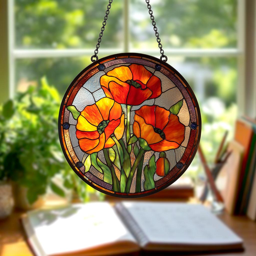 Poppy Flowers Suncatcher, Stained Glass Plant Home Decor, Unique Botanical Art Window Hanging, Artistic Poppy, Memory Day, Nana's Blessings
