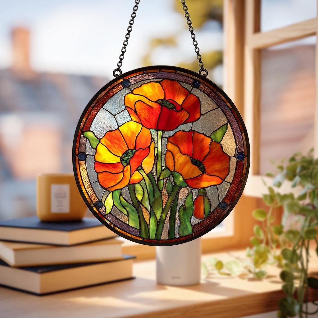 Poppy Flowers Suncatcher, Stained Glass Plant Home Decor, Unique Botanical Art Window Hanging, Artistic Poppy, Memory Day, Nana's Blessings