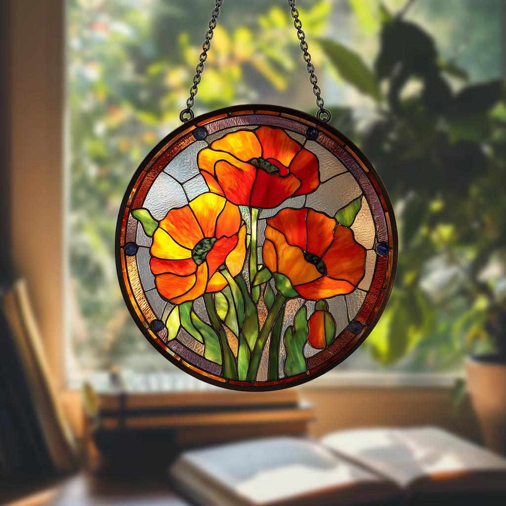 Poppy Flowers Suncatcher, Stained Glass Plant Home Decor, Unique Botanical Art Window Hanging, Artistic Poppy, Memory Day, Nana's Blessings