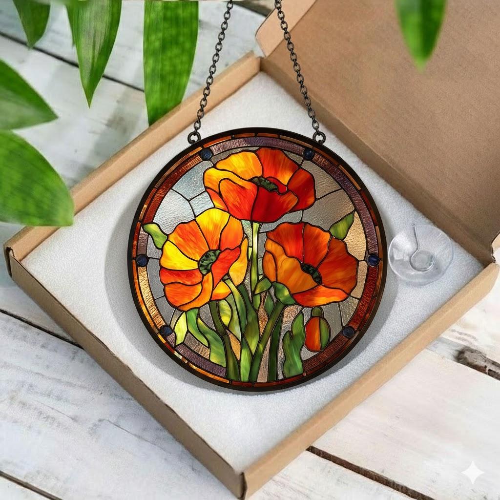 Poppy Flowers Suncatcher, Stained Glass Plant Home Decor, Unique Botanical Art Window Hanging, Artistic Poppy, Memory Day, Nana's Blessings