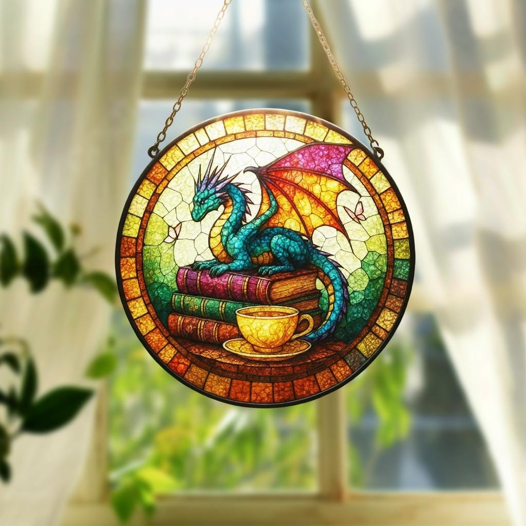 Dragon Stained Glass Suncatcher, Fantasy Book Lover Decor, Tea and Coffee Art, Mystical Window Hanging, Gift for Readers