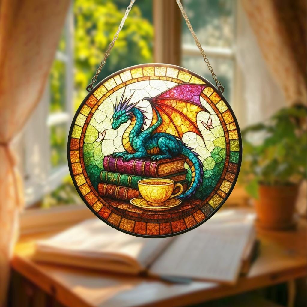 Dragon Stained Glass Suncatcher, Fantasy Book Lover Decor, Tea and Coffee Art, Mystical Window Hanging, Gift for Readers
