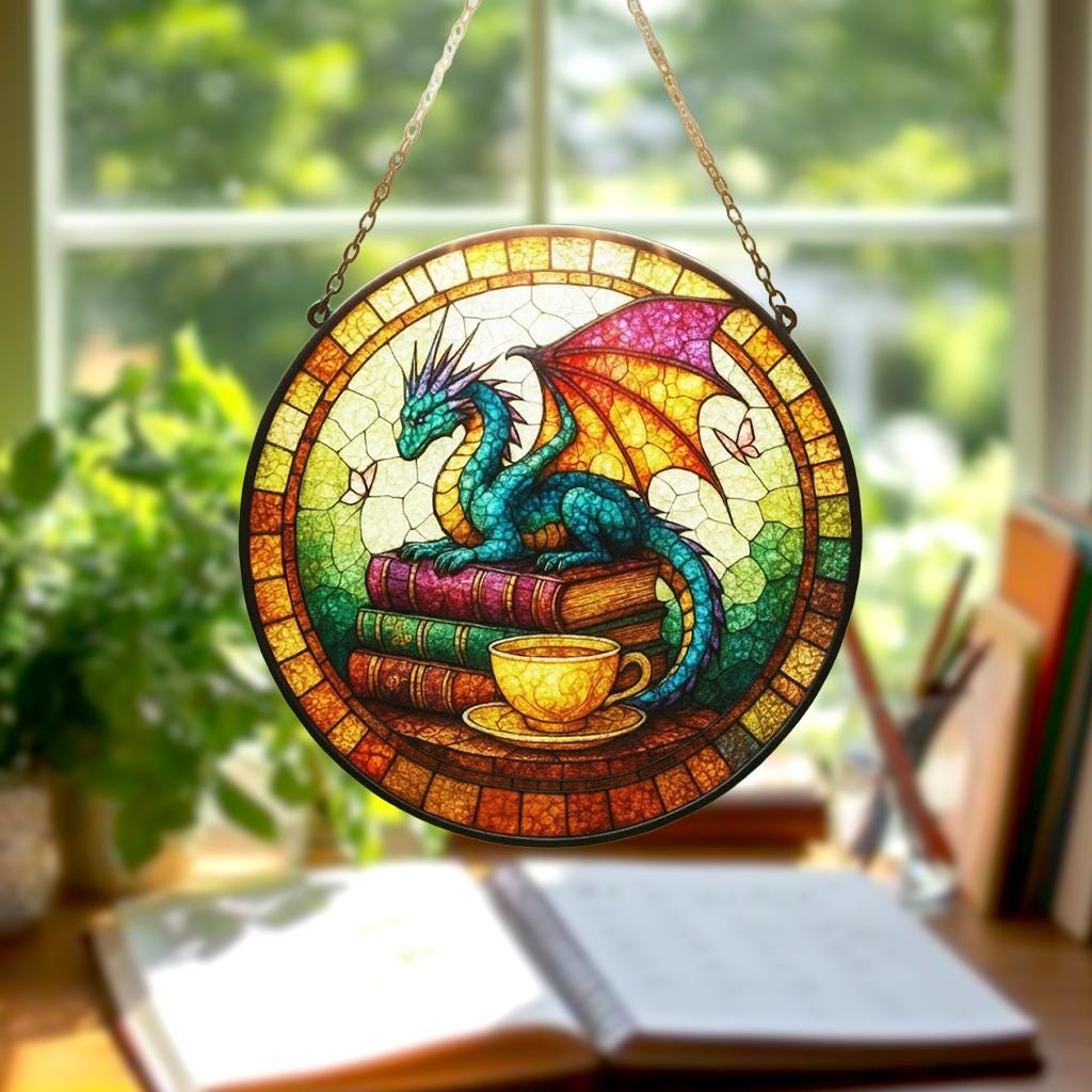 Dragon Stained Glass Suncatcher, Fantasy Book Lover Decor, Tea and Coffee Art, Mystical Window Hanging, Gift for Readers