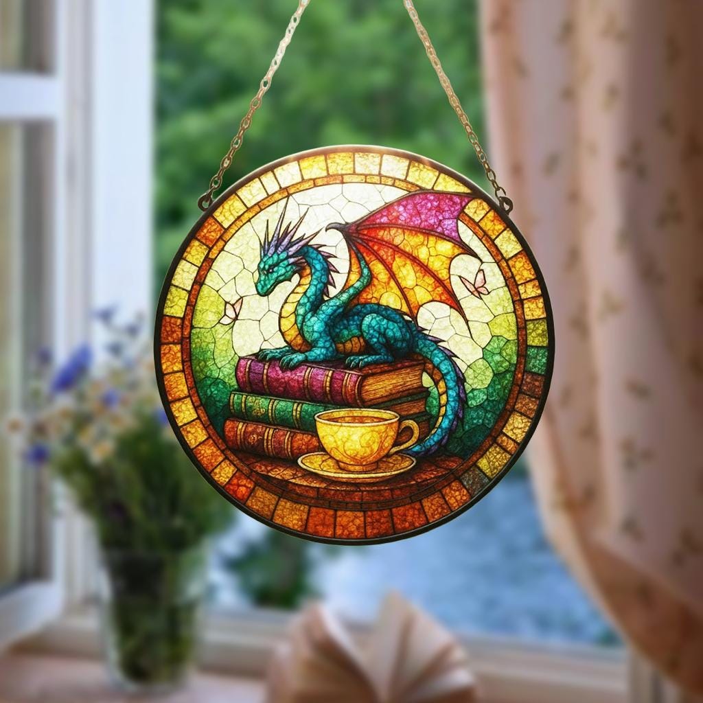 Dragon Stained Glass Suncatcher, Fantasy Book Lover Decor, Tea and Coffee Art, Mystical Window Hanging, Gift for Readers