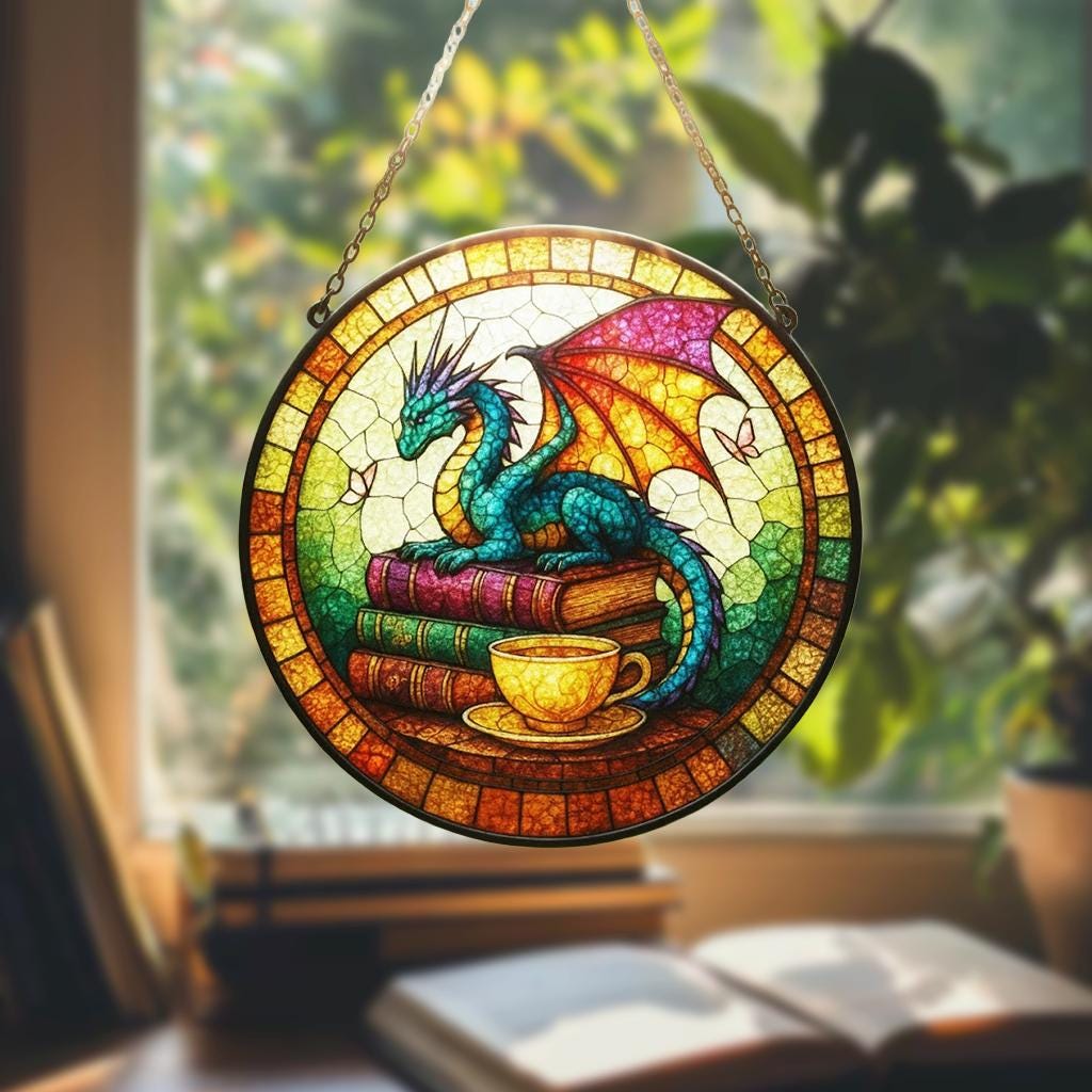 Dragon Stained Glass Suncatcher, Fantasy Book Lover Decor, Tea and Coffee Art, Mystical Window Hanging, Gift for Readers