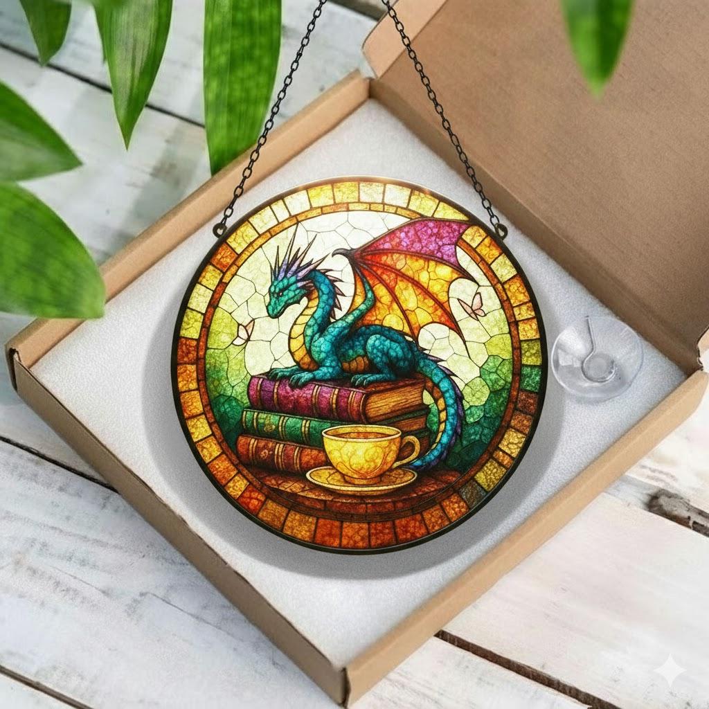 Dragon Stained Glass Suncatcher, Fantasy Book Lover Decor, Tea and Coffee Art, Mystical Window Hanging, Gift for Readers