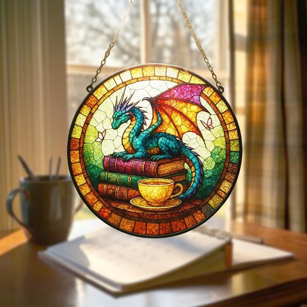 Dragon Stained Glass Suncatcher, Fantasy Book Lover Decor, Tea and Coffee Art, Mystical Window Hanging, Gift for Readers