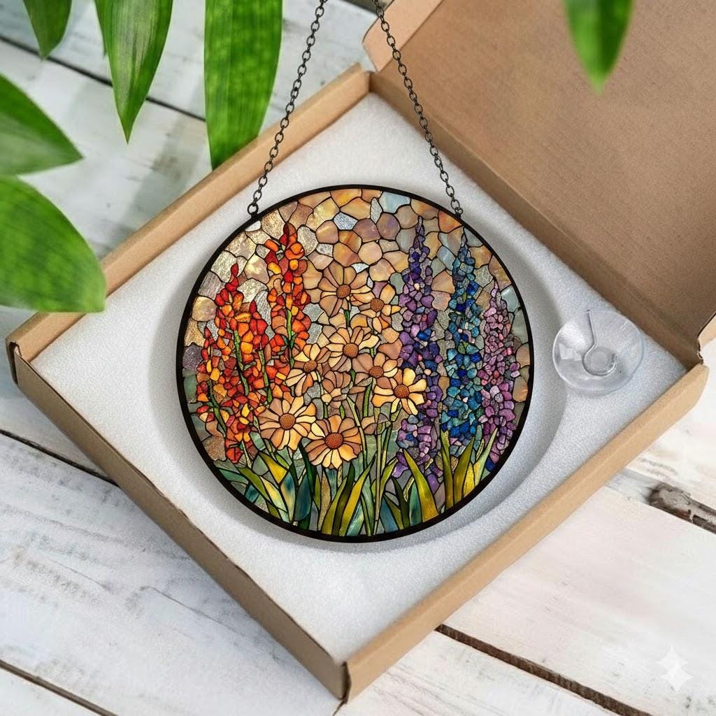 Wildflower Glass Suncatcher, Wildflower Window Hanging Decor/Florist Gift, Gift for Flower Lover/Sun Catcher Gift for Mom/Grandma Suncatcher