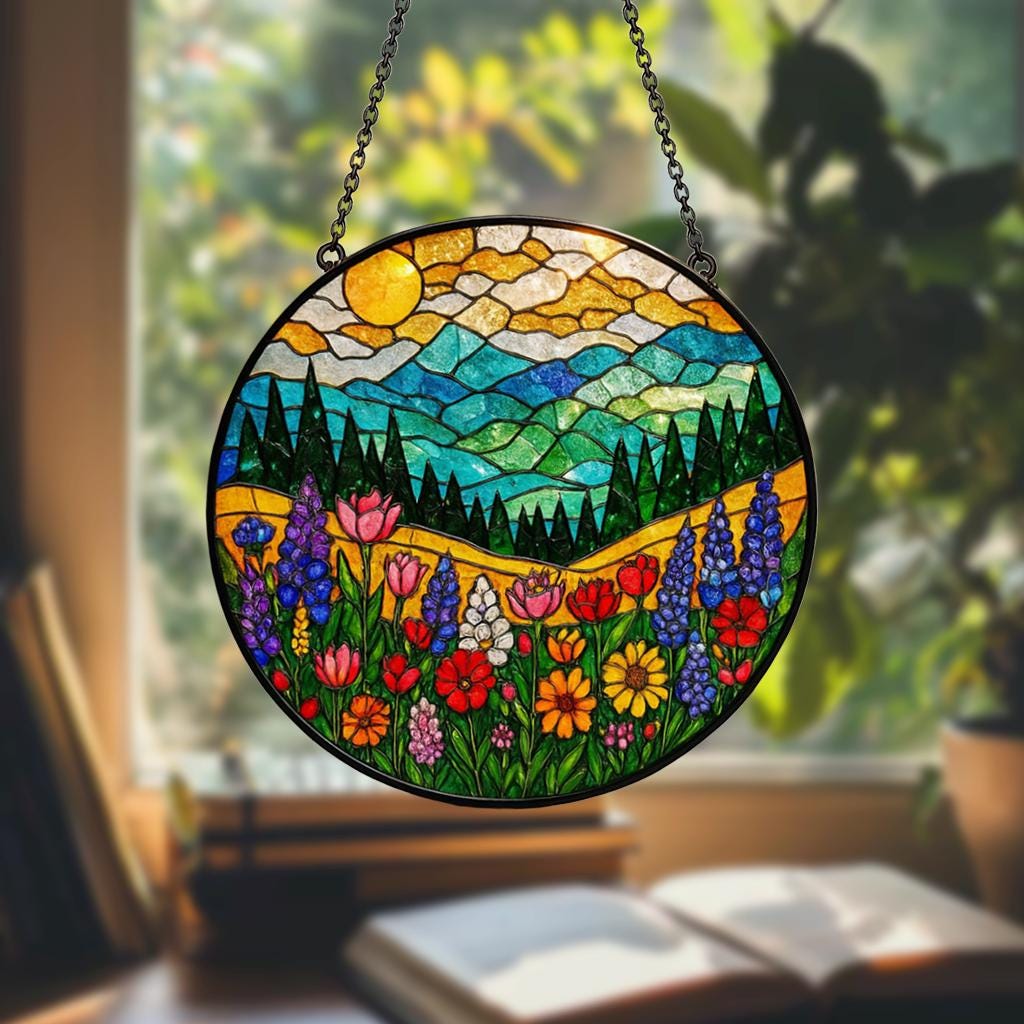 Mountain Wildflower Suncatcher Stained Glass Window Hanging Nature Art, Floral Decor, Flower Lover Present, Gift for Mom & Grandma Birthday