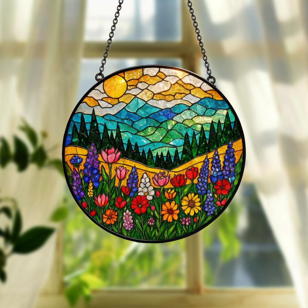 Mountain Wildflower Suncatcher Stained Glass Window Hanging Nature Art, Floral Decor, Flower Lover Present, Gift for Mom & Grandma Birthday