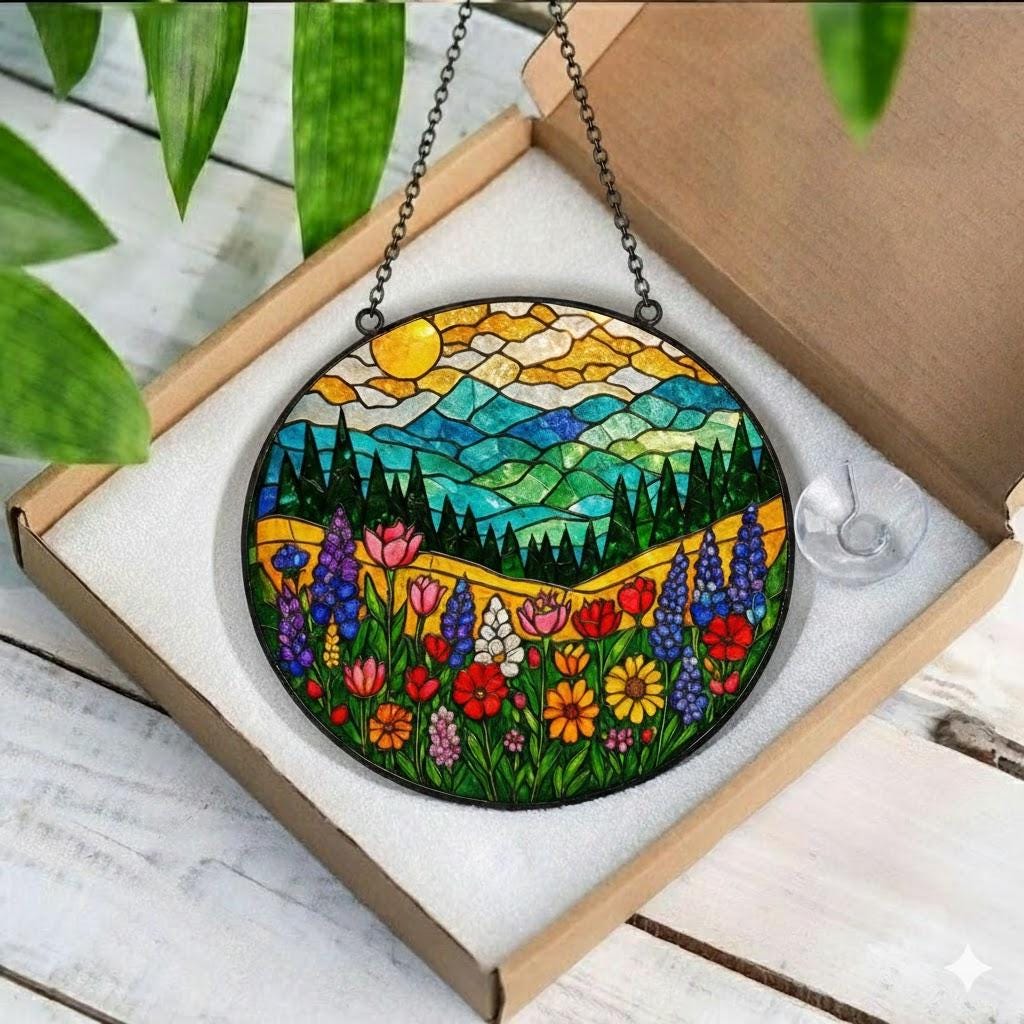 Mountain Wildflower Suncatcher Stained Glass Window Hanging Nature Art, Floral Decor, Flower Lover Present, Gift for Mom & Grandma Birthday