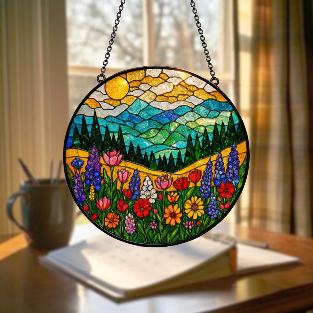 Mountain Wildflower Suncatcher Stained Glass Window Hanging Nature Art, Floral Decor, Flower Lover Present, Gift for Mom & Grandma Birthday