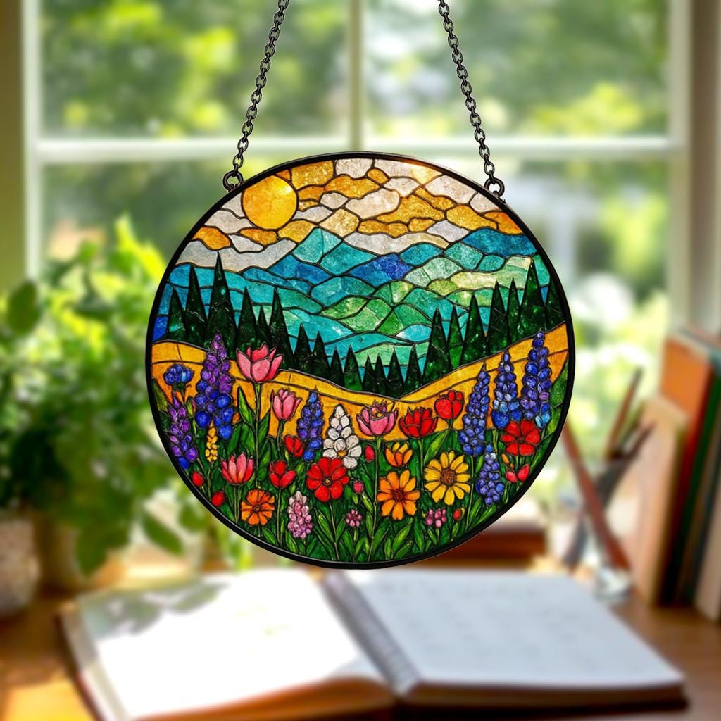 Mountain Wildflower Suncatcher Stained Glass Window Hanging Nature Art, Floral Decor, Flower Lover Present, Gift for Mom & Grandma Birthday