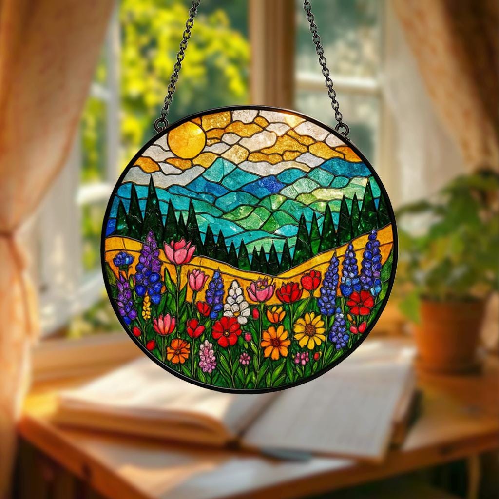 Mountain Wildflower Suncatcher Stained Glass Window Hanging Nature Art, Floral Decor, Flower Lover Present, Gift for Mom & Grandma Birthday