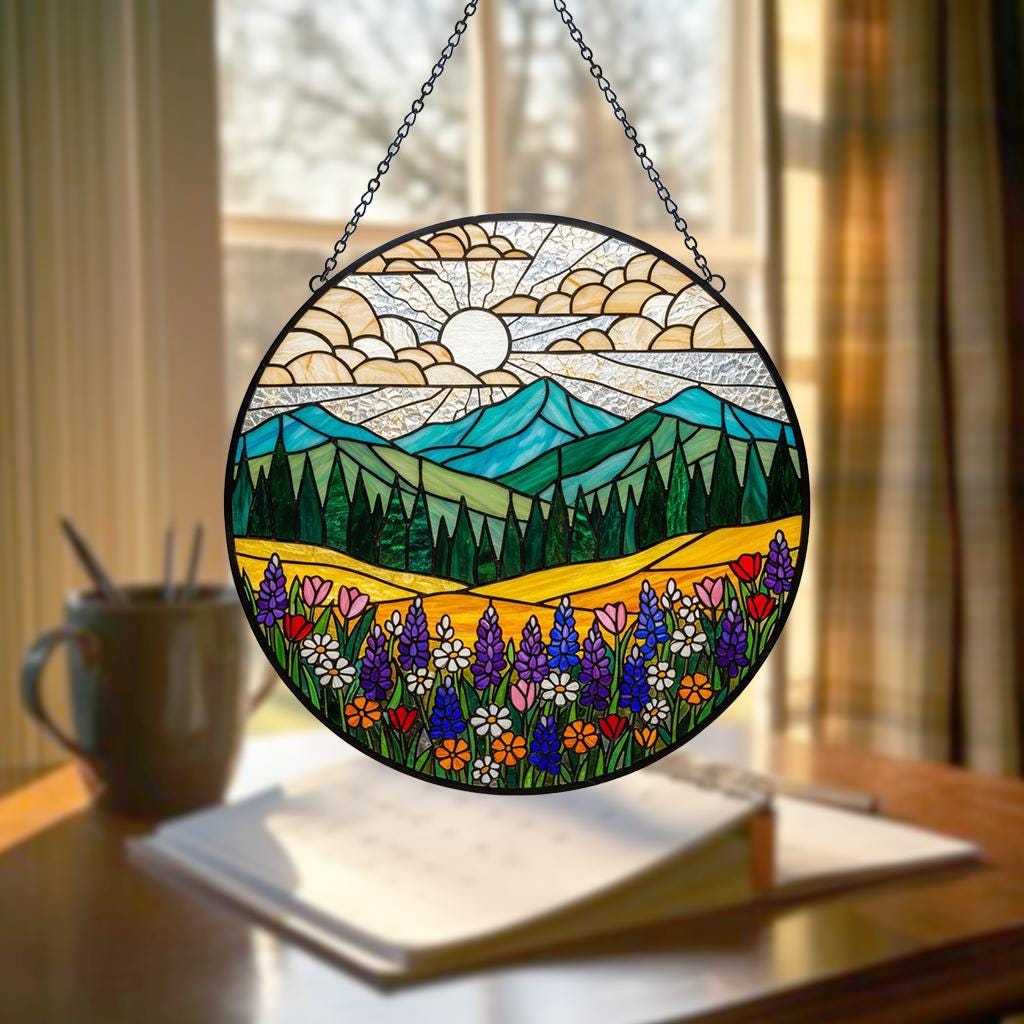 Mountain Wildflower Stained Glass Suncatcher – Nature Window Hanging, Floral Art Decor, Flower Lover Gift, Birthday Gift for Mom & Grandma