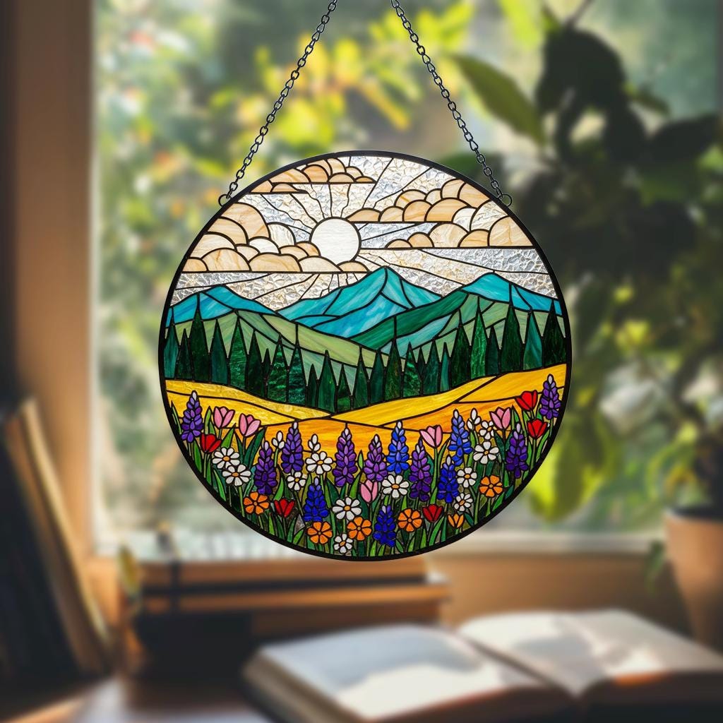 Mountain Wildflower Stained Glass Suncatcher – Nature Window Hanging, Floral Art Decor, Flower Lover Gift, Birthday Gift for Mom & Grandma