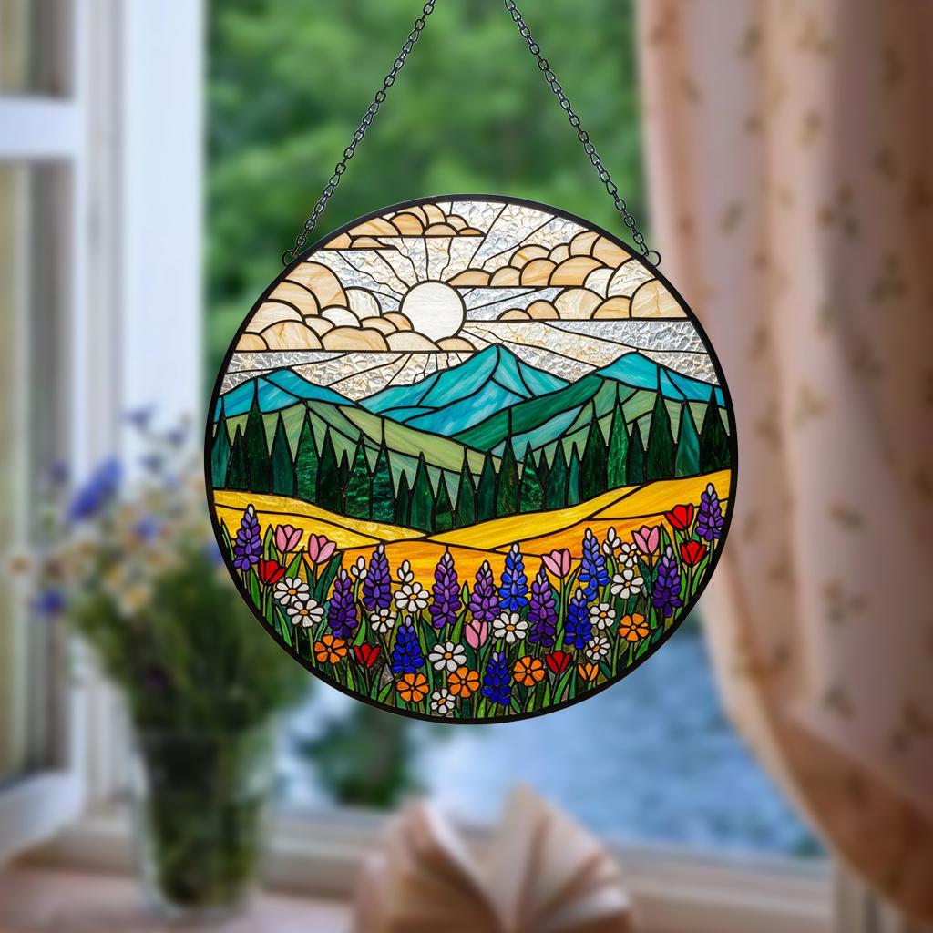 Mountain Wildflower Stained Glass Suncatcher – Nature Window Hanging, Floral Art Decor, Flower Lover Gift, Birthday Gift for Mom & Grandma