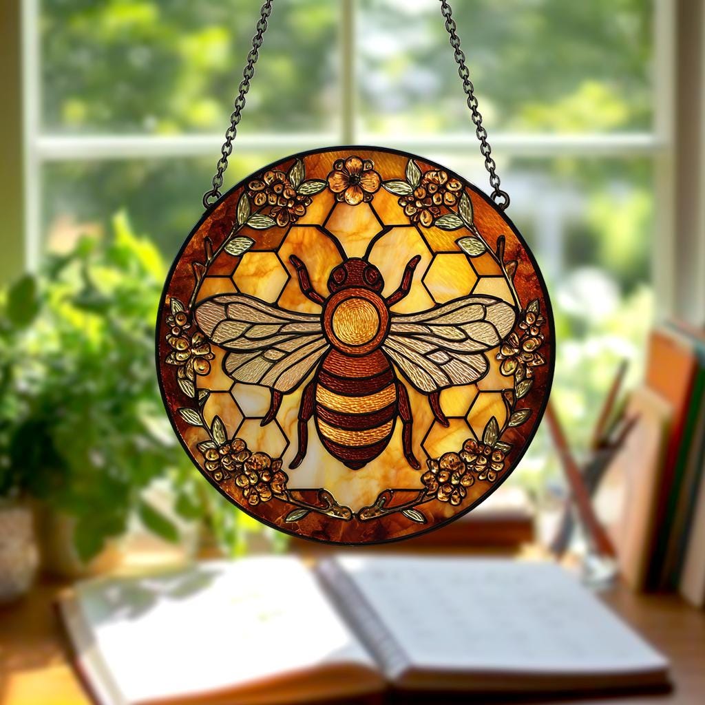 Bee Stained Glass Suncatcher – Honeycomb Window Hanging Art, Nature-Inspired Decor, Garden Lover Gift, Mother’s Day Present
