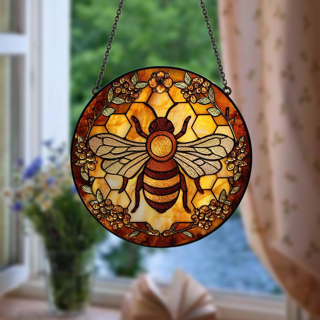 Bee Stained Glass Suncatcher – Honeycomb Window Hanging Art, Nature-Inspired Decor, Garden Lover Gift, Mother’s Day Present