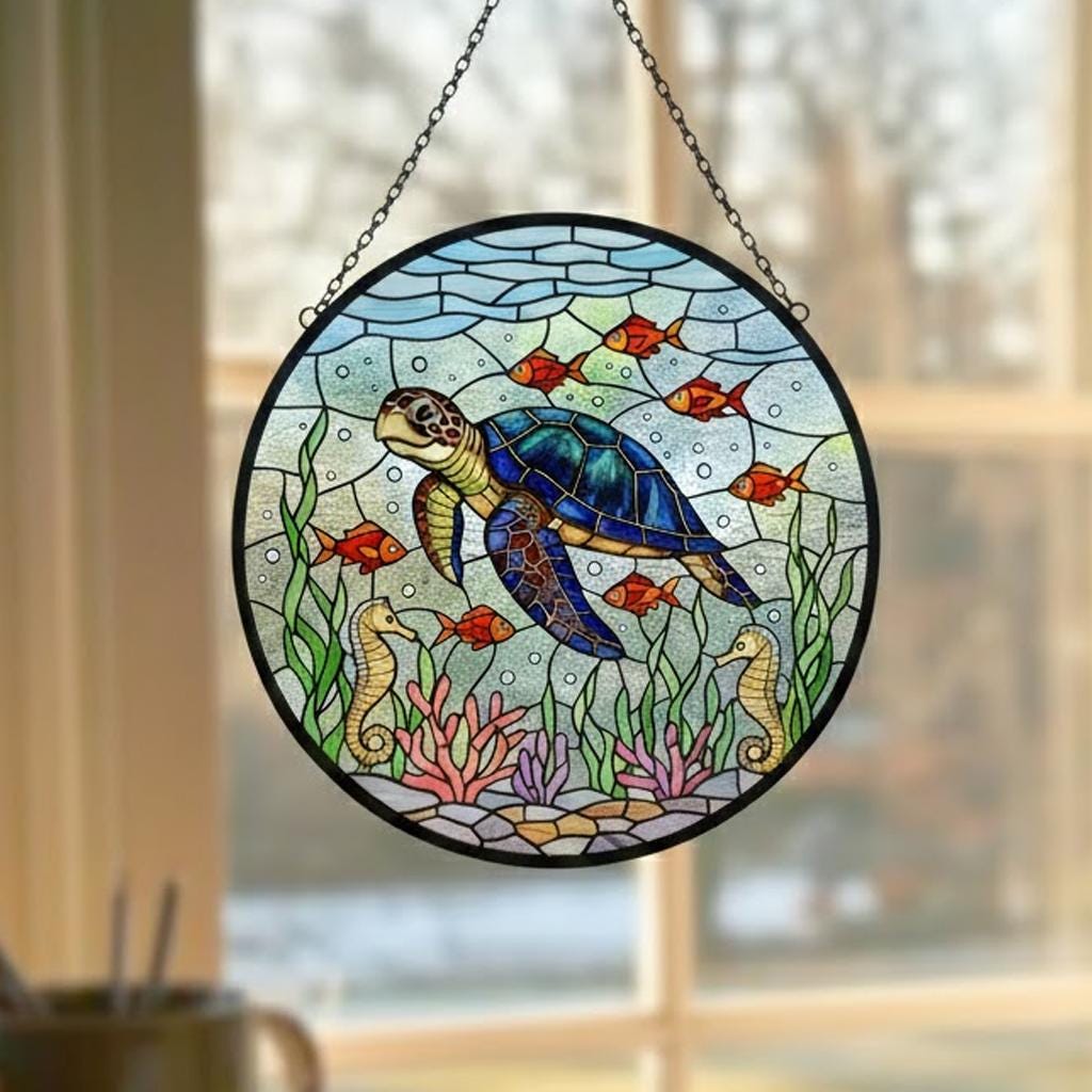 Floral Turtle Stained Glass Suncatcher, Sea Turtle and Flowers Window Hanging, Turtle Lovers Gift, Ocean Animal Lover Home Decoration