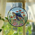 Floral Turtle Stained Glass Suncatcher, Sea Turtle and Flowers Window Hanging, Turtle Lovers Gift, Ocean Animal Lover Home Decoration
