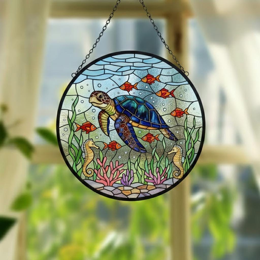 Floral Turtle Stained Glass Suncatcher, Sea Turtle and Flowers Window Hanging, Turtle Lovers Gift, Ocean Animal Lover Home Decoration