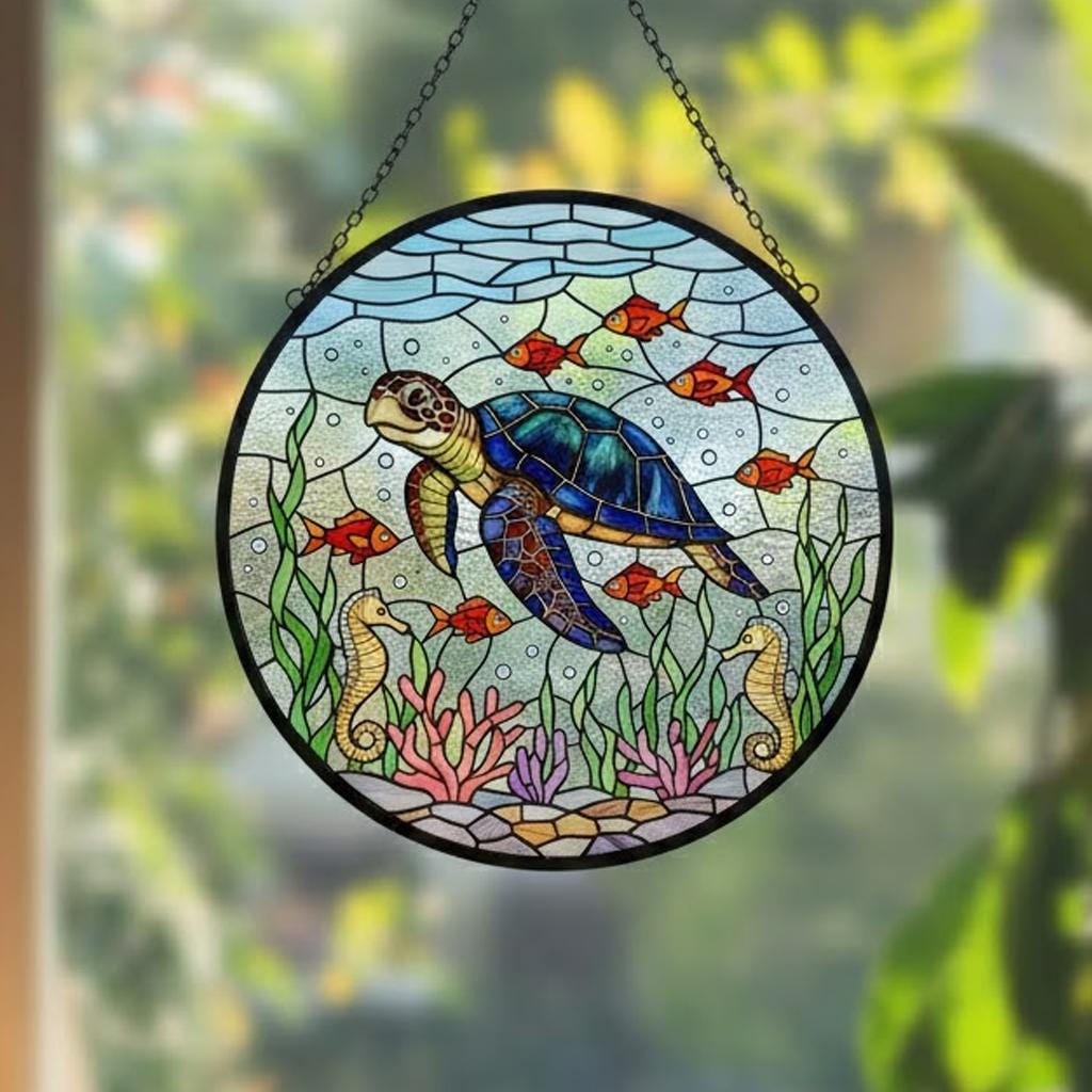 Floral Turtle Stained Glass Suncatcher, Sea Turtle and Flowers Window Hanging, Turtle Lovers Gift, Ocean Animal Lover Home Decoration
