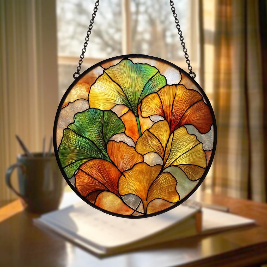Ginkgo Leaf Stained Glass Suncatcher, Yellow Ginkgo Window Hanging Art, Autumn Garden Boho decor Gift for Plant Lover