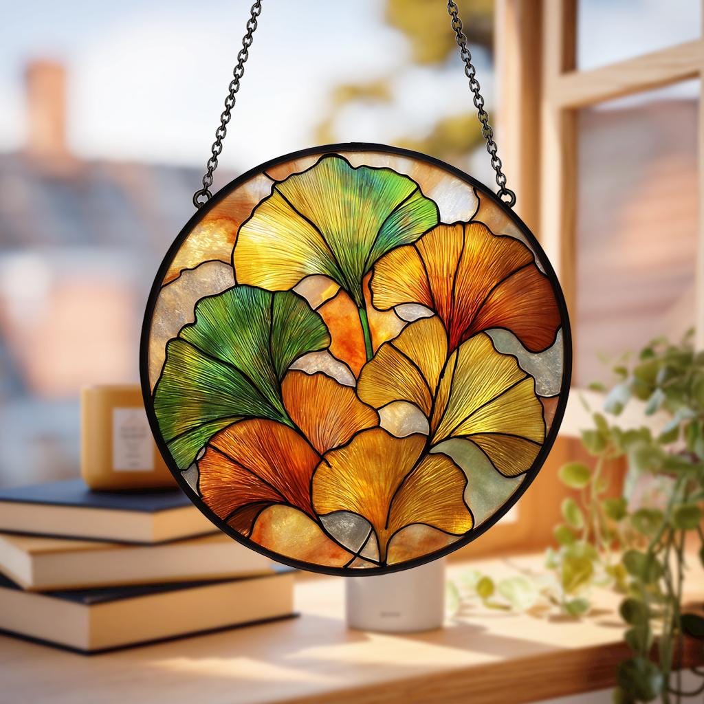 Ginkgo Leaf Stained Glass Suncatcher, Yellow Ginkgo Window Hanging Art, Autumn Garden Boho decor Gift for Plant Lover