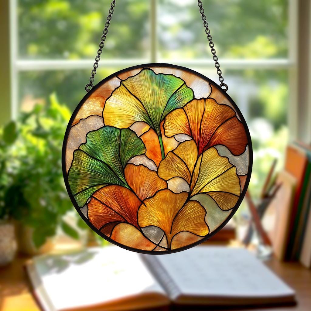 Ginkgo Leaf Stained Glass Suncatcher, Yellow Ginkgo Window Hanging Art, Autumn Garden Boho decor Gift for Plant Lover