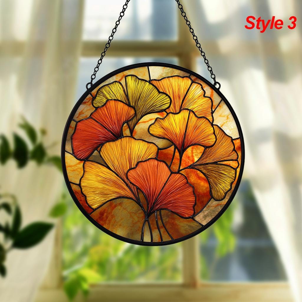 Autumn Ginkgo Stained Glass Suncatcher – Yellow & Green Leaf Window Decor, Botanical Boho Hanging Art, Gift for Plant Lovers