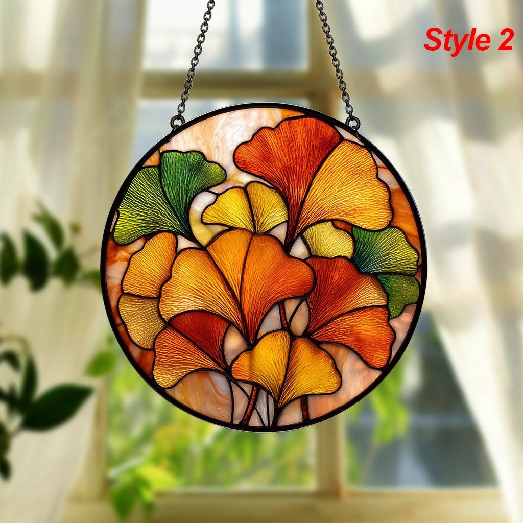 Autumn Ginkgo Stained Glass Suncatcher – Yellow & Green Leaf Window Decor, Botanical Boho Hanging Art, Gift for Plant Lovers