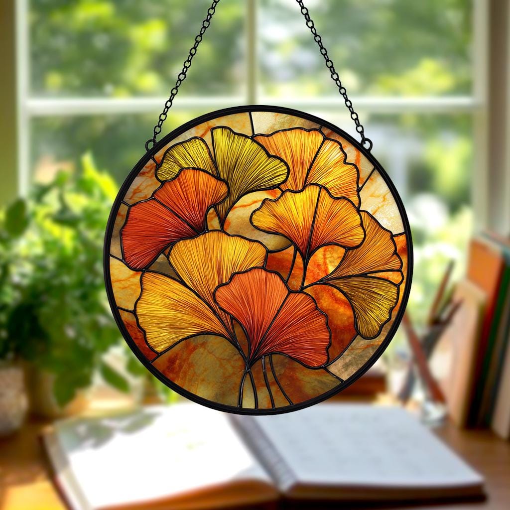 Autumn Ginkgo Stained Glass Suncatcher – Yellow & Green Leaf Window Decor, Botanical Boho Hanging Art, Gift for Plant Lovers