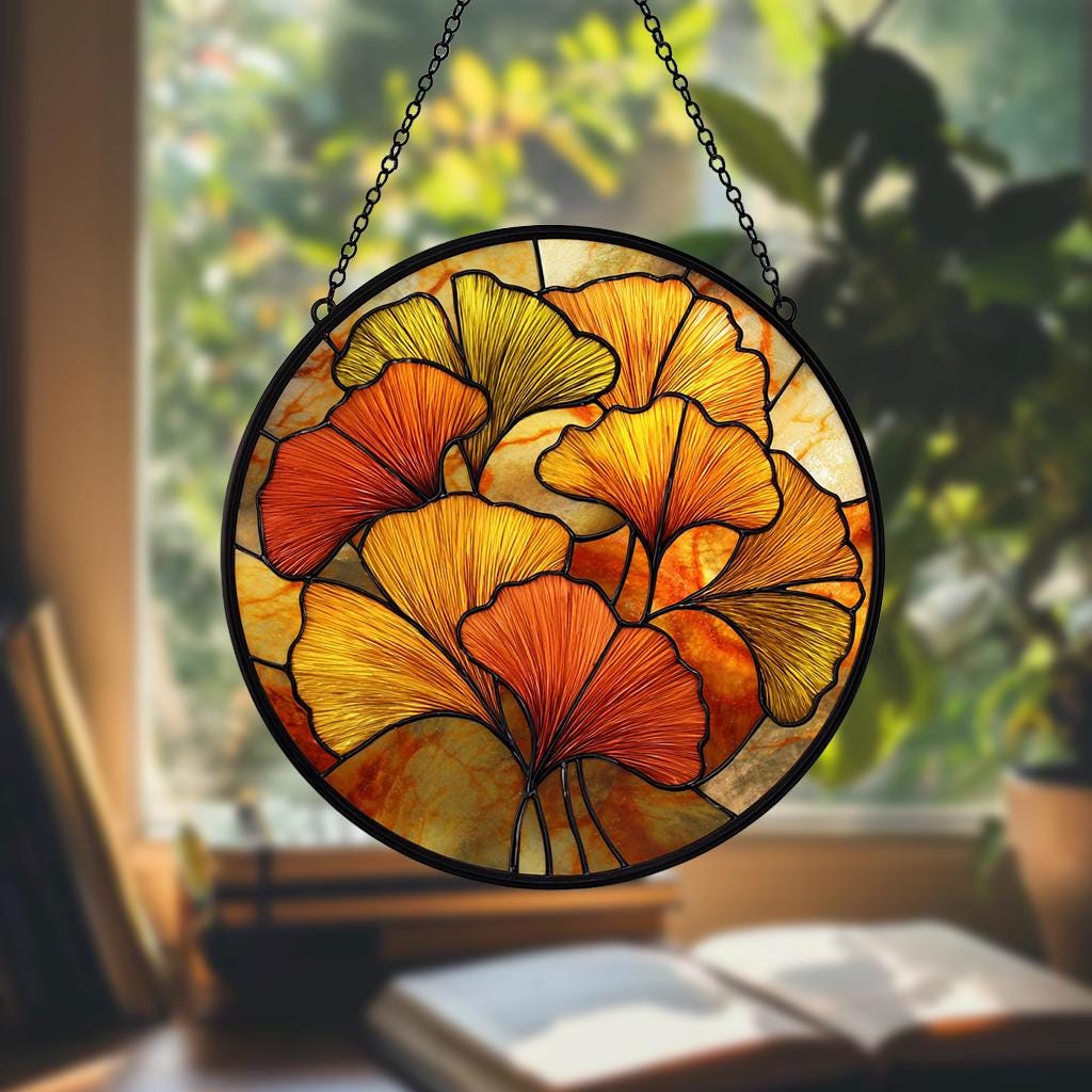 Autumn Ginkgo Stained Glass Suncatcher – Yellow & Green Leaf Window Decor, Botanical Boho Hanging Art, Gift for Plant Lovers
