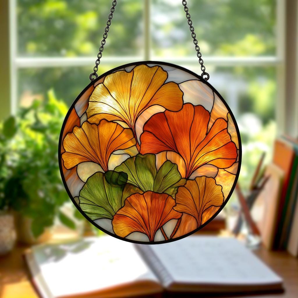 Ginkgo Leaf Suncatcher – Yellow Stained Glass Window Hanging, Boho Botanical Decor