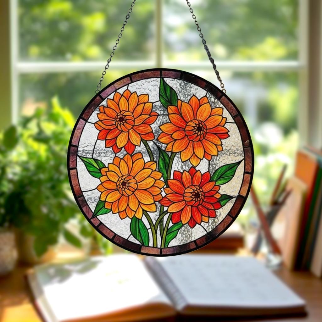 Dahlia Orange Flower Stained Glass Suncatcher – Floral Window Hanging Art, Bright Garden Decor, Gift for Flower Lovers