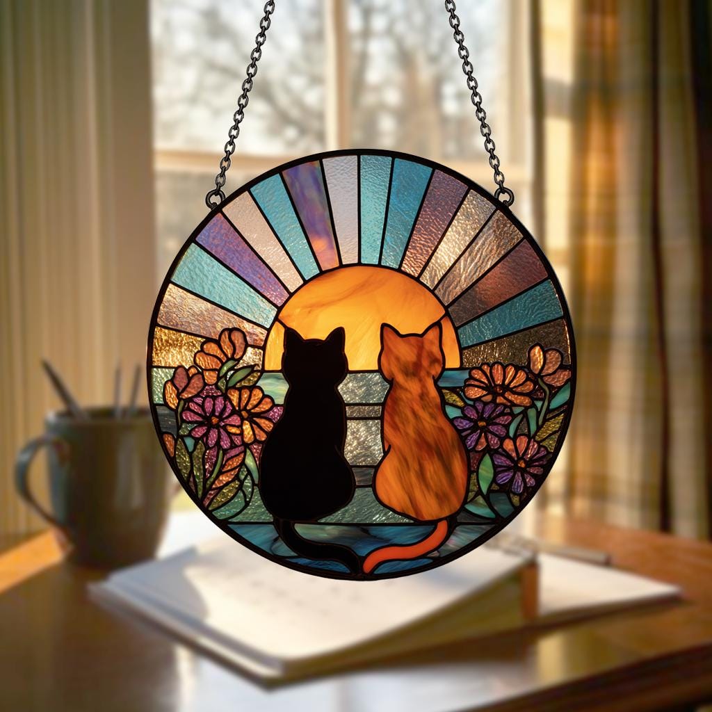 Charming Black Orange Cat Couple Garden Suncatcher Stained Glass Window Hanging Glass Ornament Mom Gift