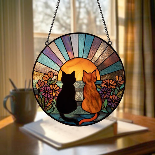 Charming Black Orange Cat Couple Garden Suncatcher Stained Glass Window Hanging Glass Ornament Mom Gift