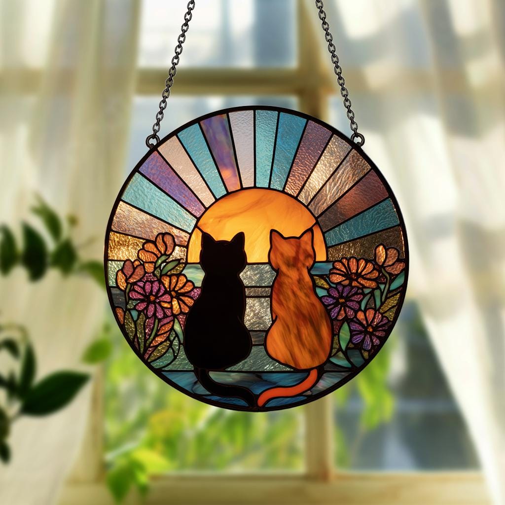 Charming Black Orange Cat Couple Garden Suncatcher Stained Glass Window Hanging Glass Ornament Mom Gift