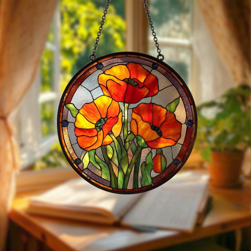 Poppy Flowers Suncatcher, Stained Glass Plant Home Decor, Unique Botanical Art Window Hanging, Artistic Poppy, Memory Day, Nana's Blessings