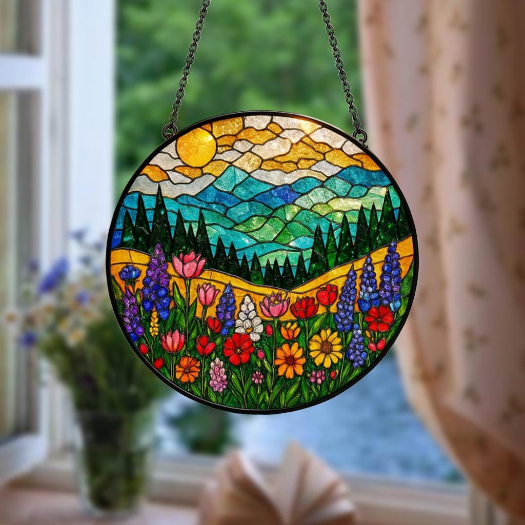 Mountain Wildflower Suncatcher Stained Glass Window Hanging Nature Art, Floral Decor, Flower Lover Present, Gift for Mom & Grandma Birthday