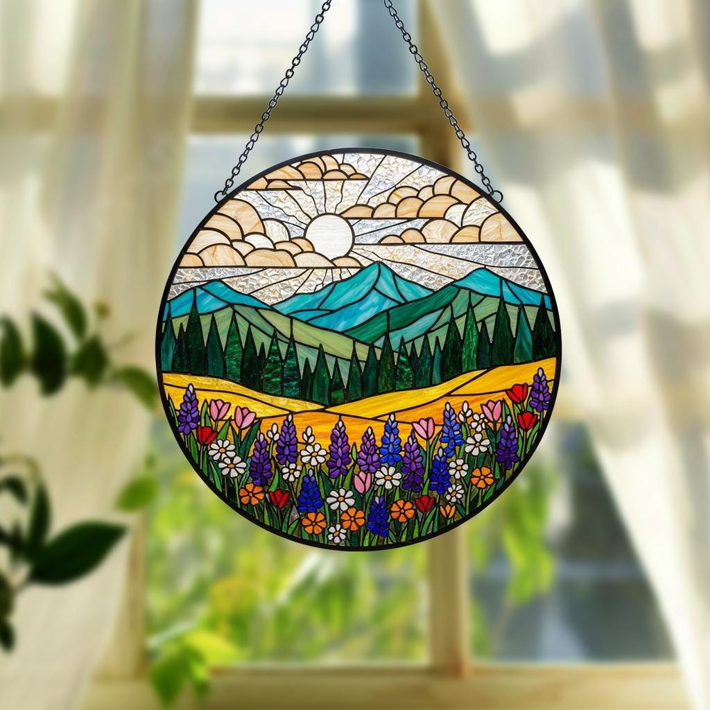 Mountain Wildflower Stained Glass Suncatcher – Nature Window Hanging, Floral Art Decor, Flower Lover Gift, Birthday Gift for Mom & Grandma