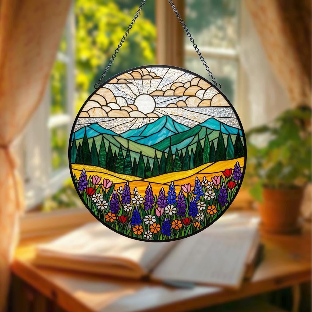 Mountain Wildflower Stained Glass Suncatcher – Nature Window Hanging, Floral Art Decor, Flower Lover Gift, Birthday Gift for Mom & Grandma