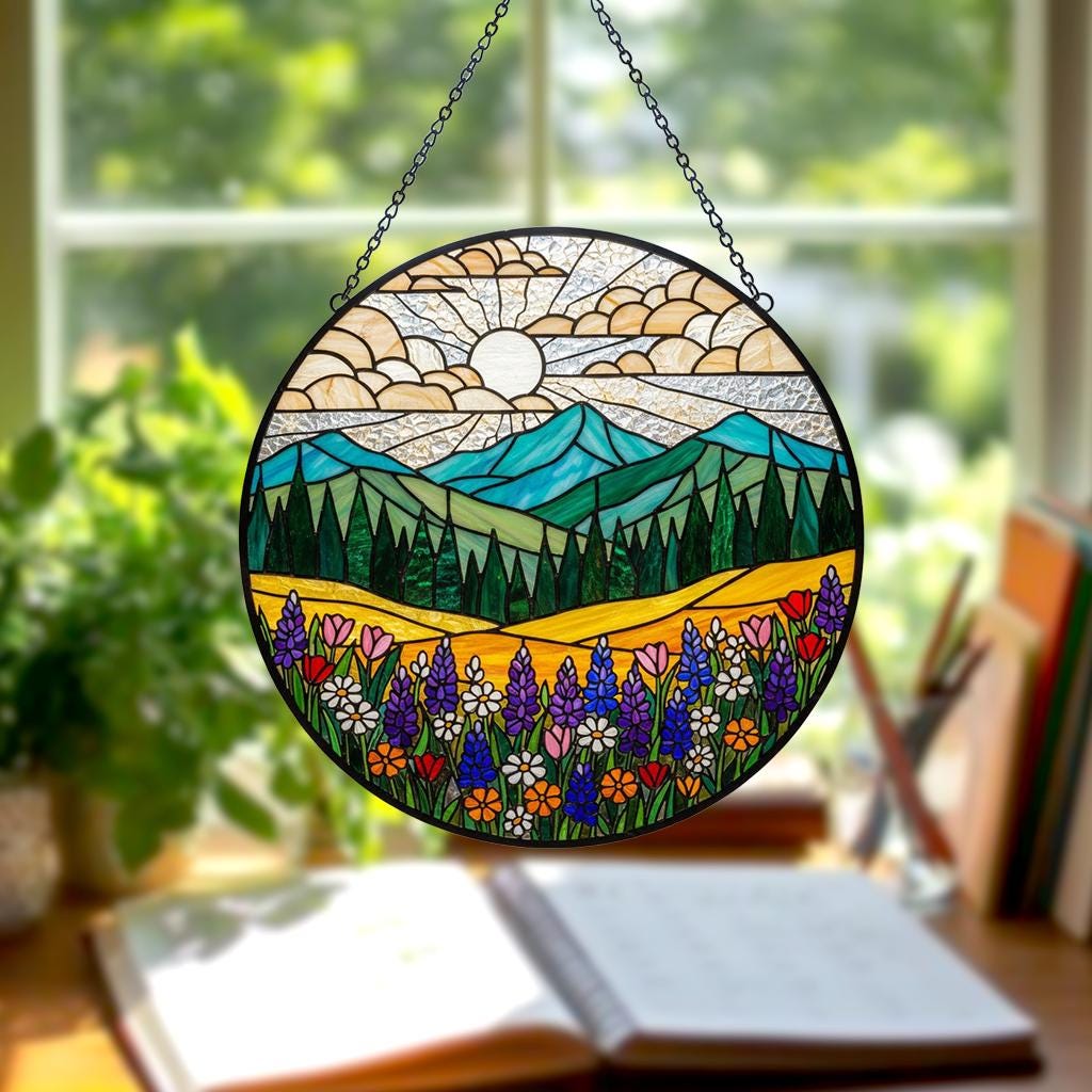 Mountain Wildflower Stained Glass Suncatcher – Nature Window Hanging, Floral Art Decor, Flower Lover Gift, Birthday Gift for Mom & Grandma