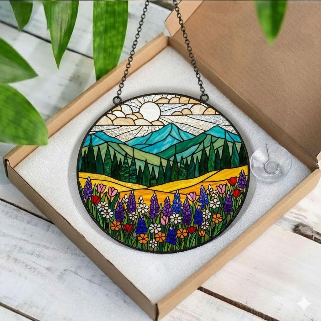 Mountain Wildflower Stained Glass Suncatcher – Nature Window Hanging, Floral Art Decor, Flower Lover Gift, Birthday Gift for Mom & Grandma