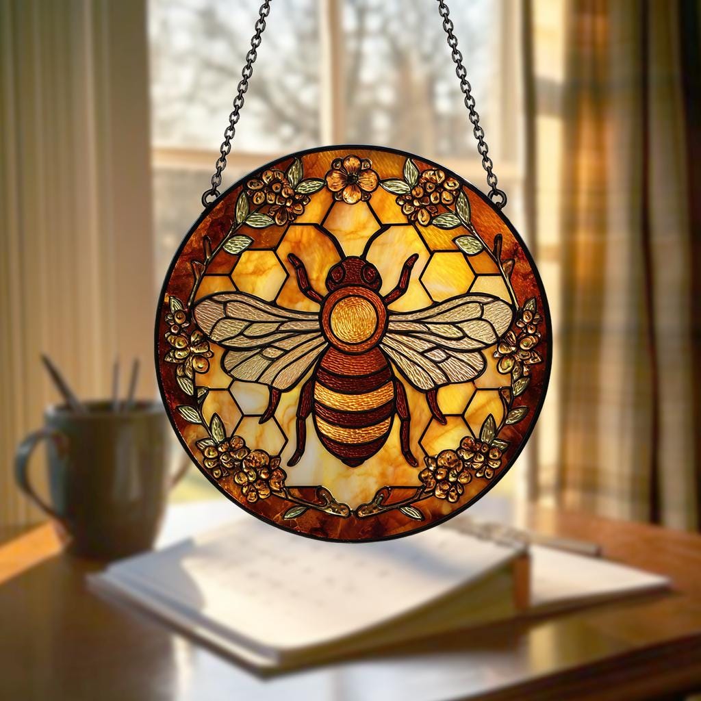 Bee Stained Glass Suncatcher – Honeycomb Window Hanging Art, Nature-Inspired Decor, Garden Lover Gift, Mother’s Day Present