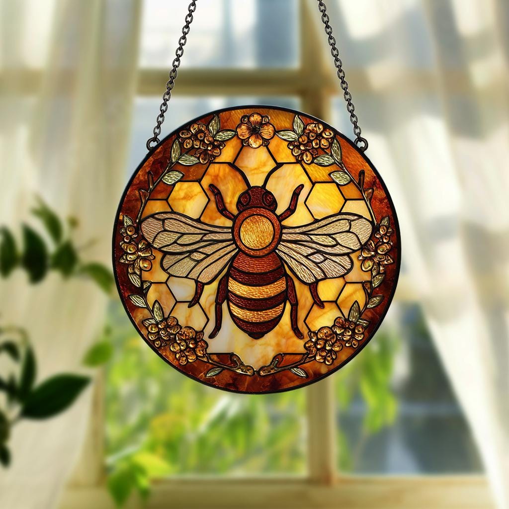 Bee Stained Glass Suncatcher – Honeycomb Window Hanging Art, Nature-Inspired Decor, Garden Lover Gift, Mother’s Day Present