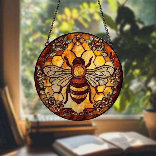 Bee Stained Glass Suncatcher – Honeycomb Window Hanging Art, Nature-Inspired Decor, Garden Lover Gift, Mother’s Day Present