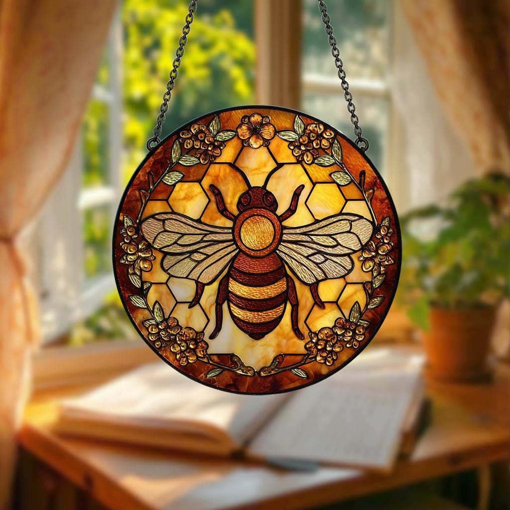 Bee Stained Glass Suncatcher – Honeycomb Window Hanging Art, Nature-Inspired Decor, Garden Lover Gift, Mother’s Day Present